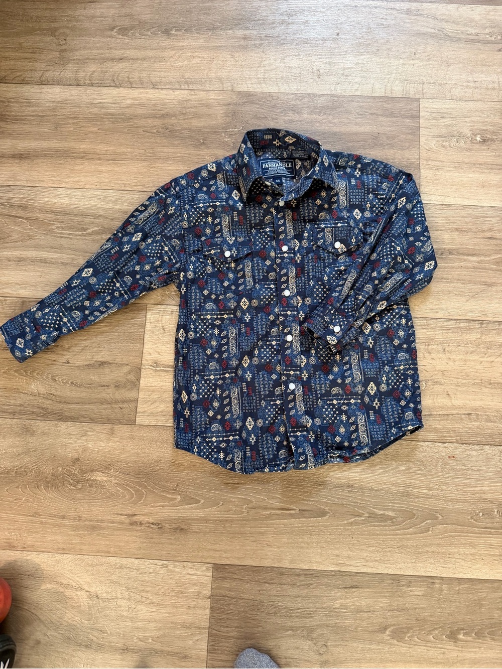 Panhandle Rough Stock Boys Western Snap Shirt Size 6 Blue Aztec Print